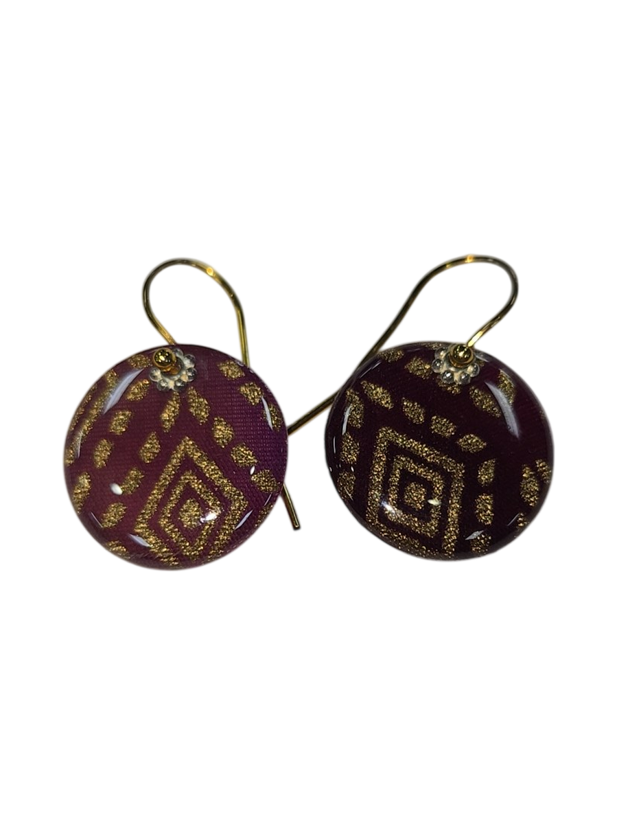 Handmade Purple &amp; Gold Geometric Fabric Resin Drop Earrings