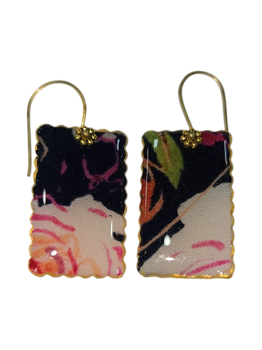 Floral Fabric &amp; Resin Rectangle Drop Earrings