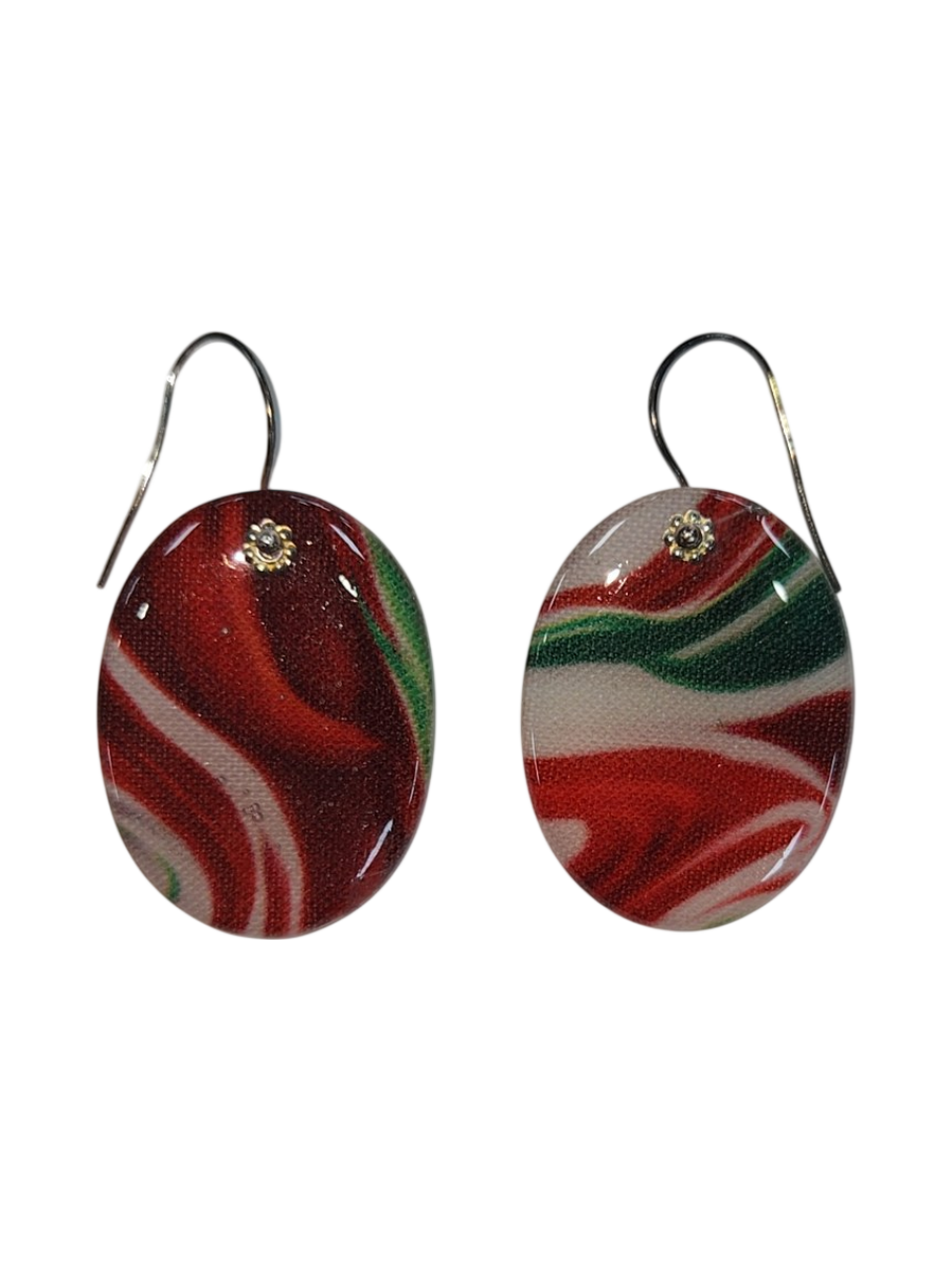 Handmade Fabric &amp; Resin Oval Drop Earrings – Red, Green &amp; White Swirl