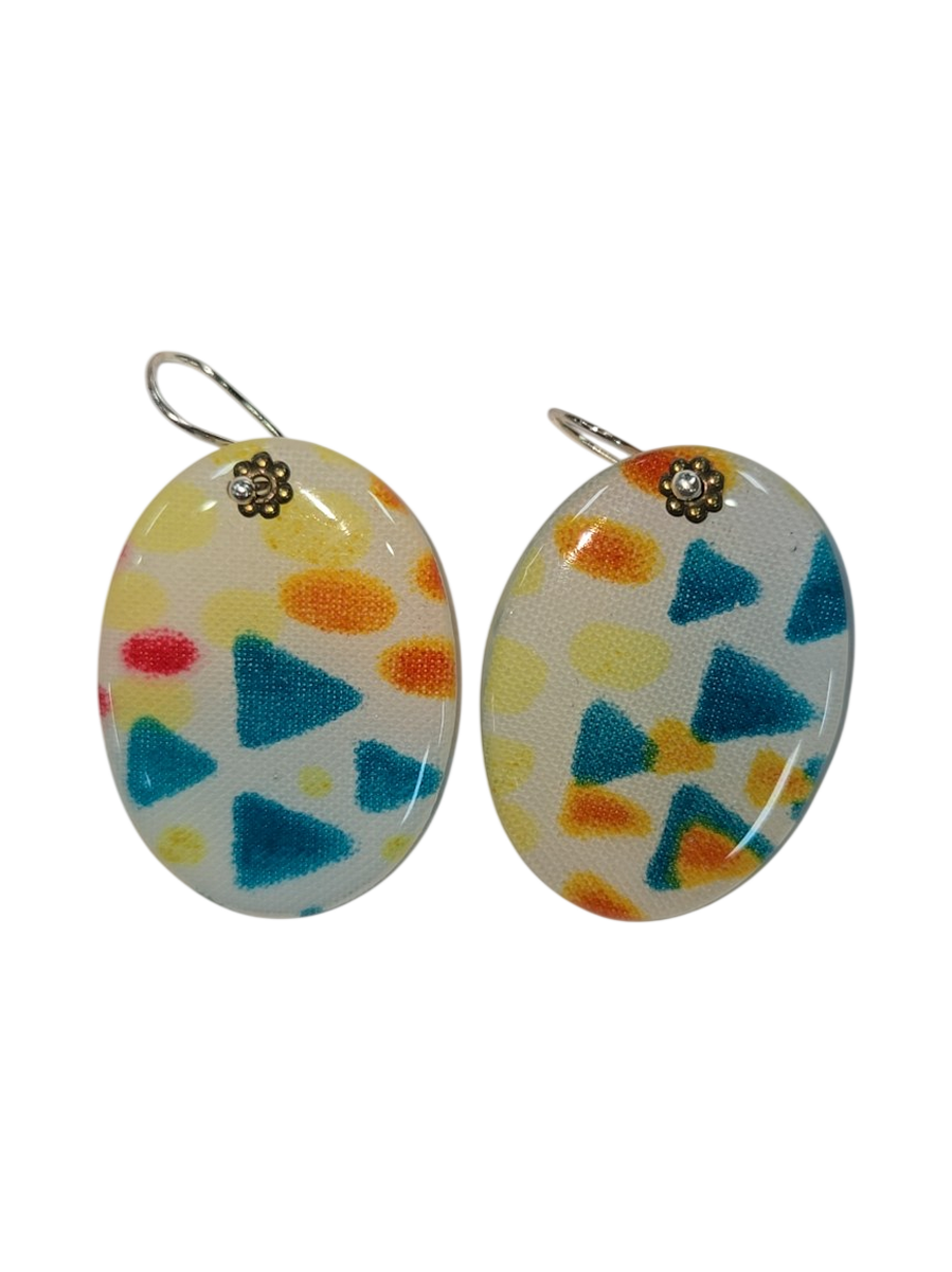 Handmade Oval Fabric &amp; Resin Earrings – Colorful Geometric Pattern