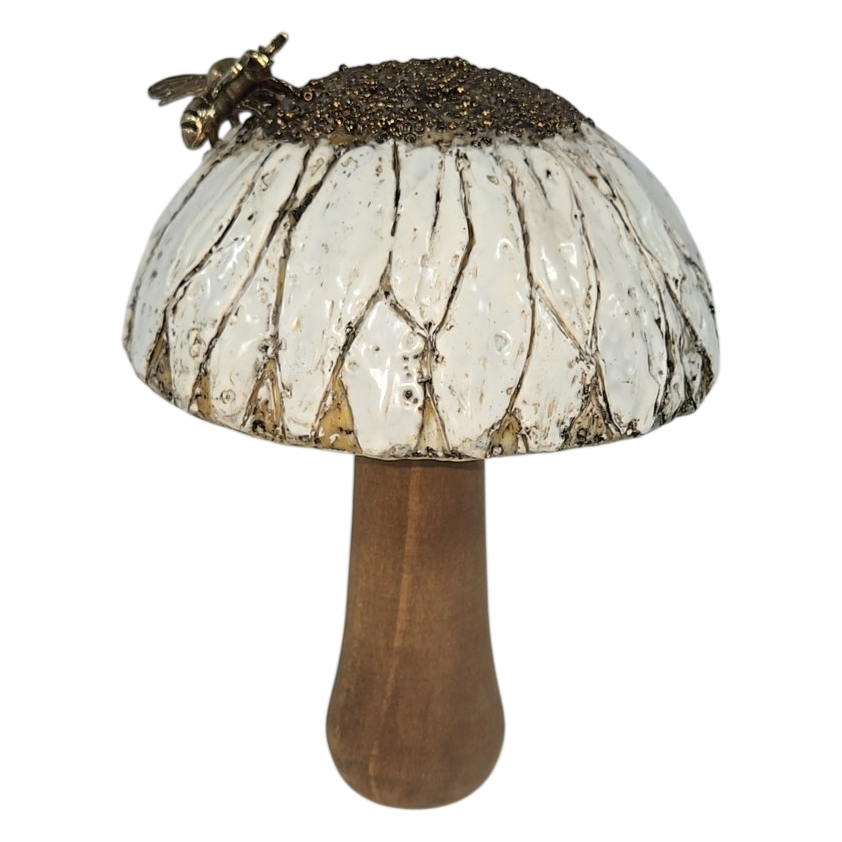 Encaustic Mushroom Sculpture with Brass Bee by Trish McFerran