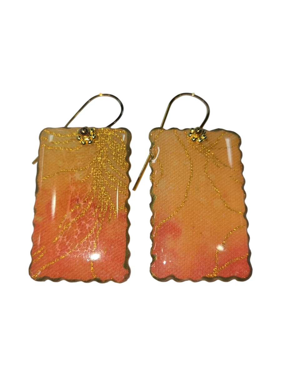 Handmade Fabric &amp; Resin Rectangle Earrings – Coral &amp; Gold