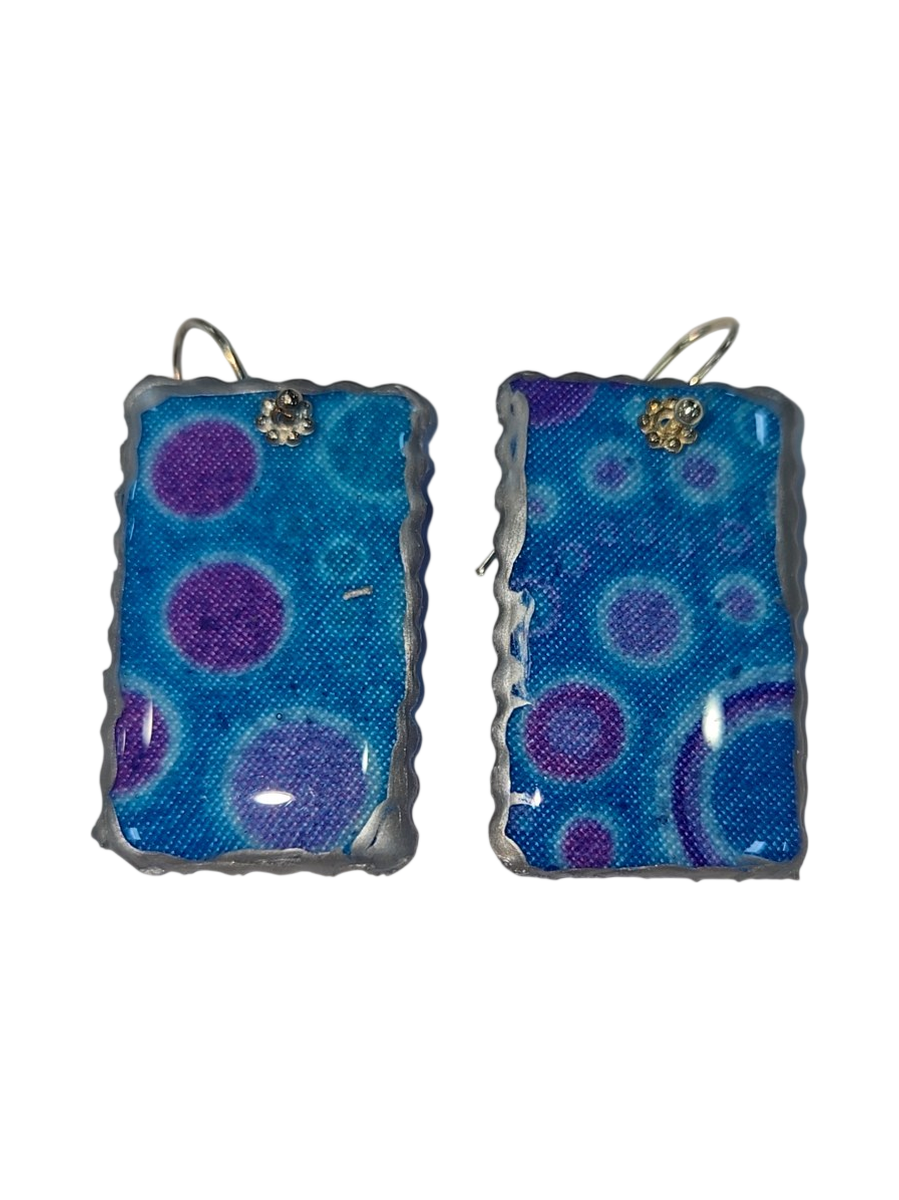 Handmade Blue &amp; Purple Polka Dot Fabric Resin Earrings