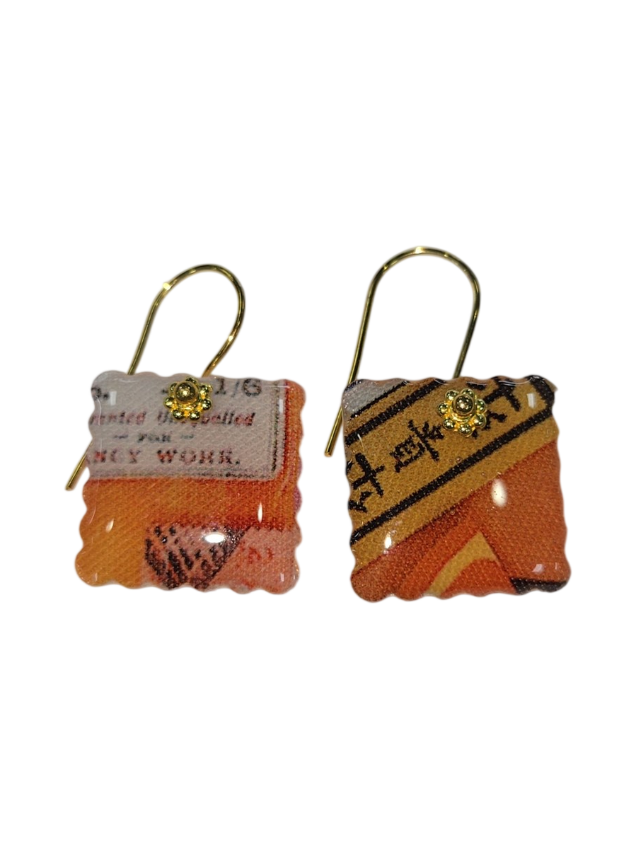 Handmade Fabric &amp; Resin Square Drop Earrings – Orange Patchwork