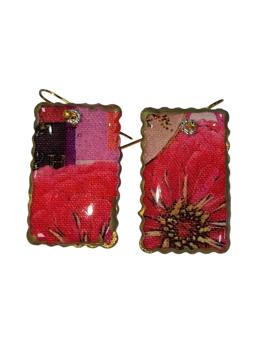 Handmade Floral Fabric &amp; Resin Rectangle Earrings by Julie Treiman
