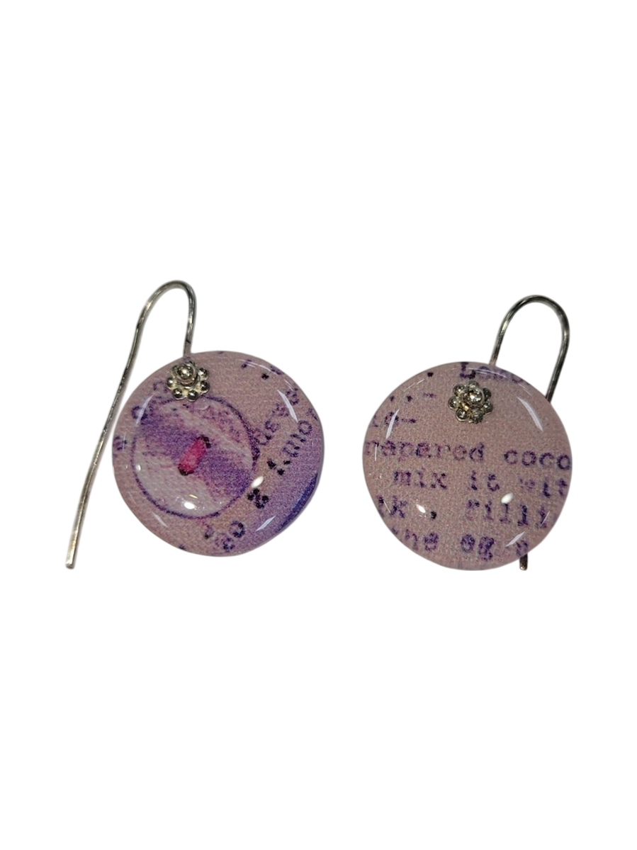 Handmade Fabric &amp; Resin Round Drop Earrings – Purple