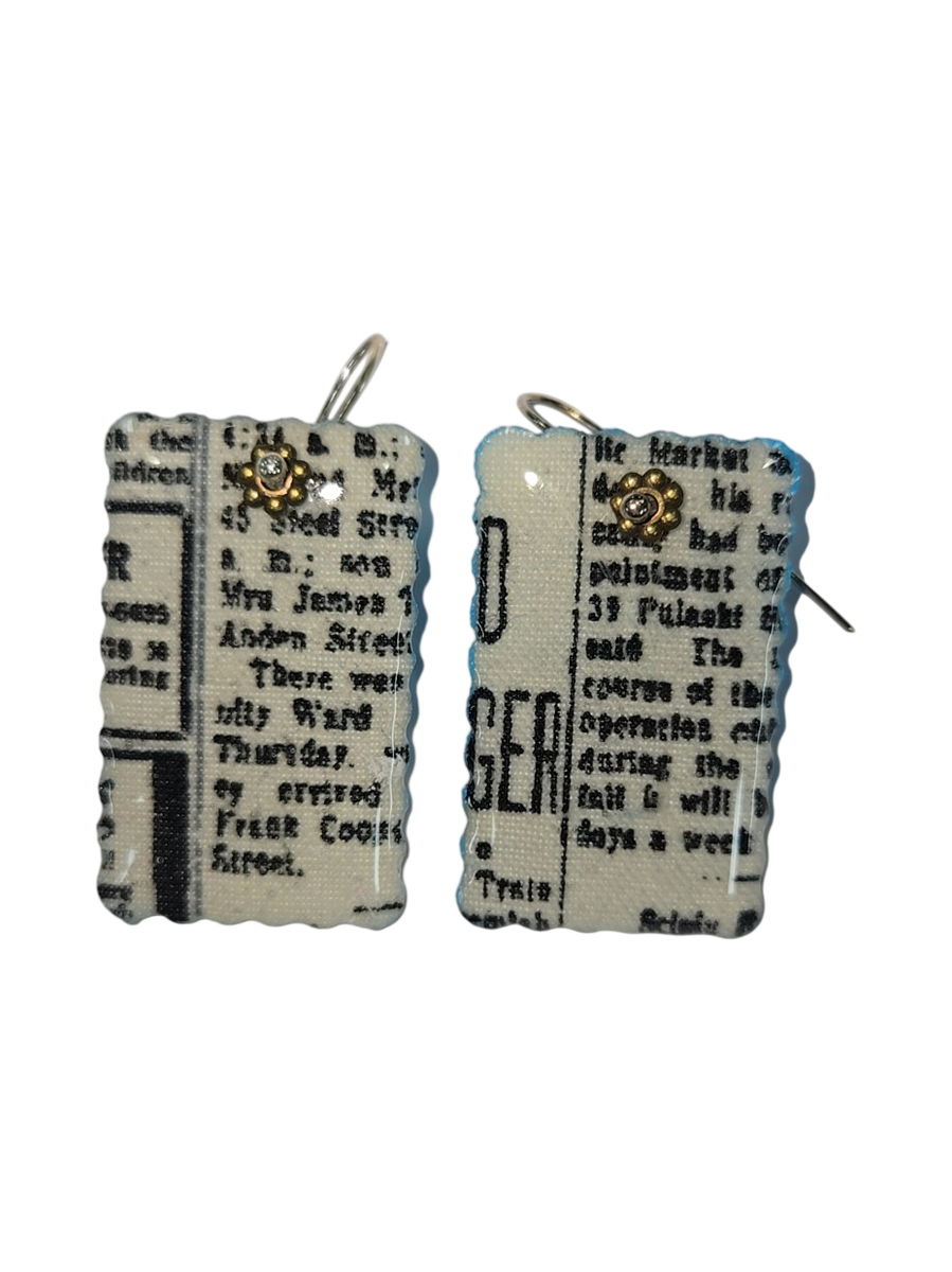 Handmade Newspaper Print Fabric &amp; Resin Rectangle Earrings
