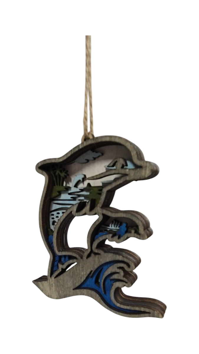 Layered Wood Dolphin Magnetic Ornament with Ocean Scene