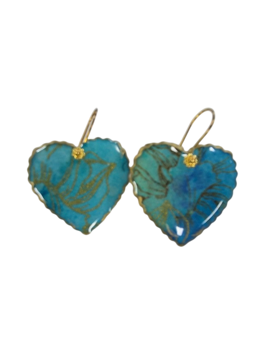Handmade Heart Earrings – Turquoise &amp; Gold Fabric Resin