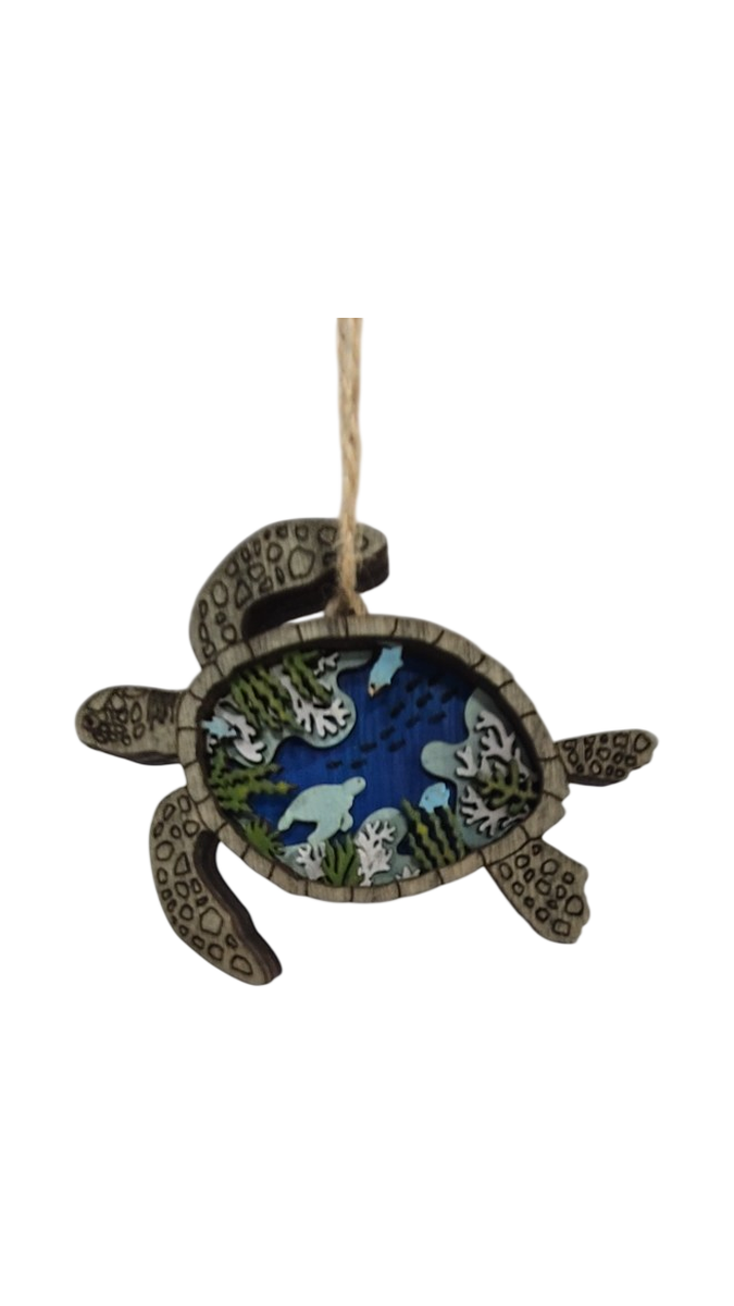 Layered Wood Sea Turtle Ornament with Ocean Scene