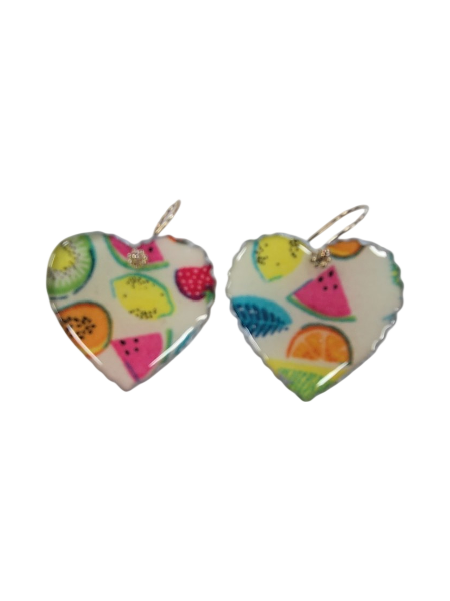 Handmade Fruit Print Heart Resin Earrings