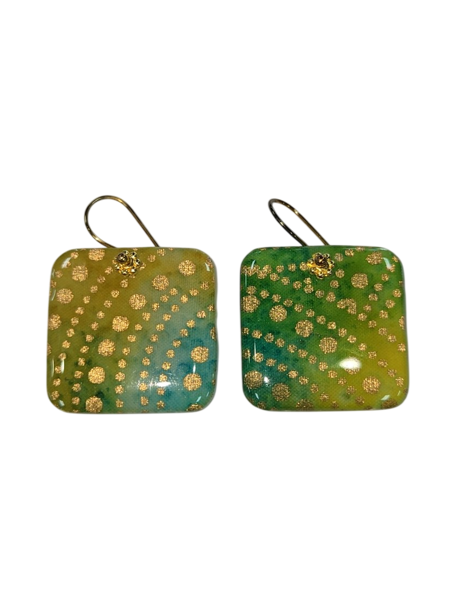 Handmade Green &amp; Gold Dot Square Resin Earrings by Julie Treiman