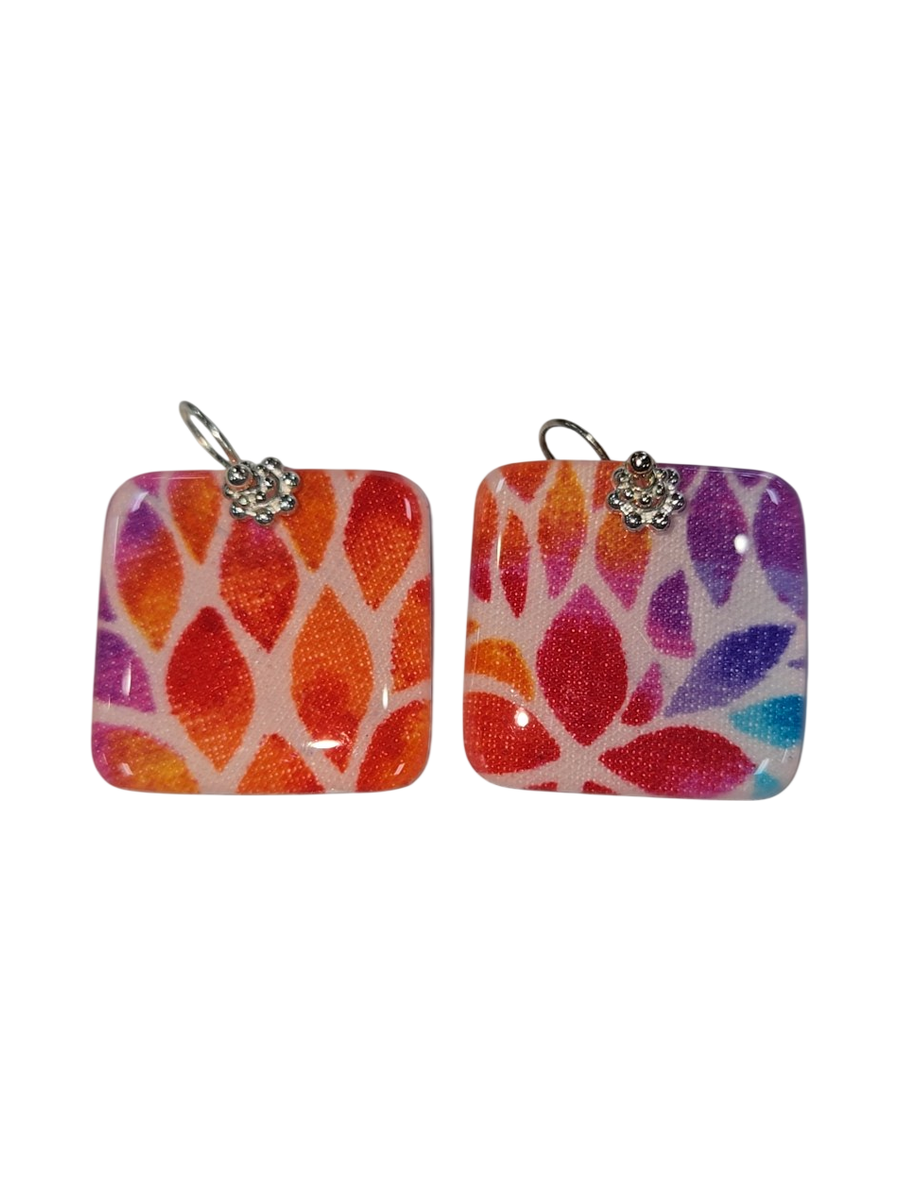Handmade Fabric &amp; Resin Square Drop Earrings – Floral Burst