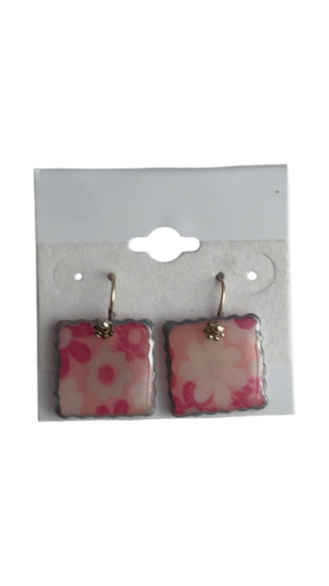 Pink Floral Square Drop Earrings