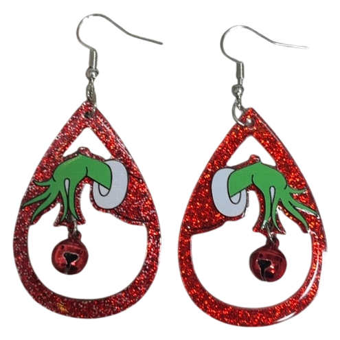 Grinch Hand Red Glitter Teardrop Earrings with Jingle Bell