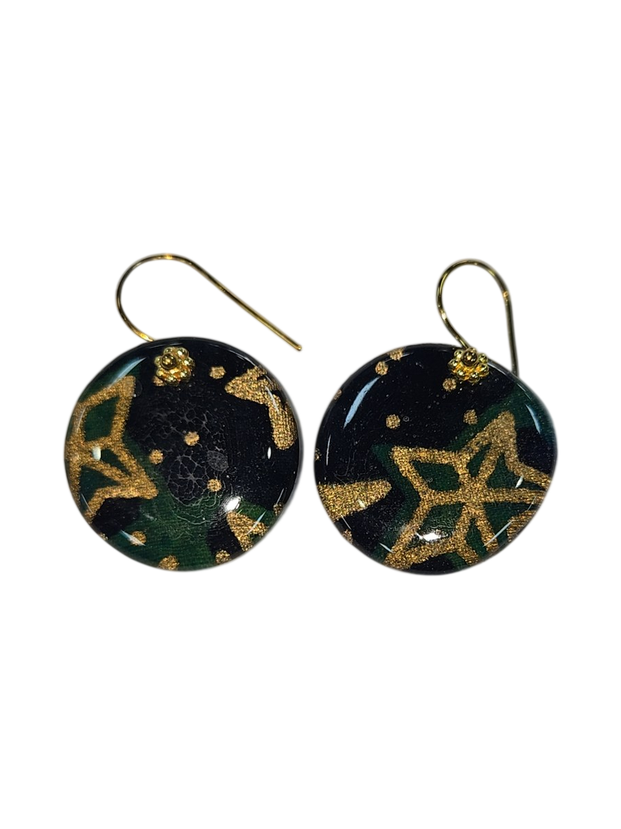 Handmade Resin &amp; Fabric Round Drop Earrings – Green &amp; Gold