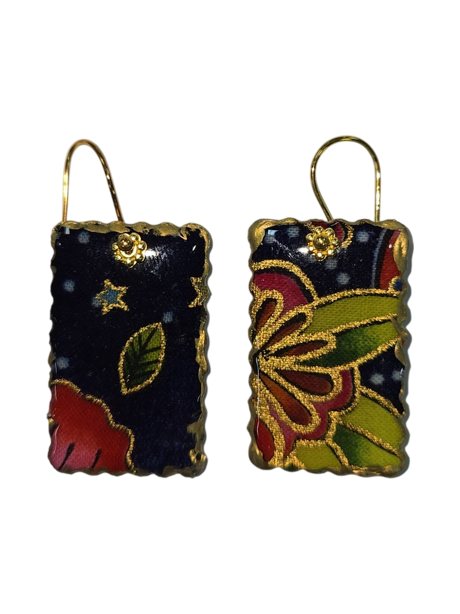 Handmade Floral Fabric &amp; Resin Rectangle Drop Earrings