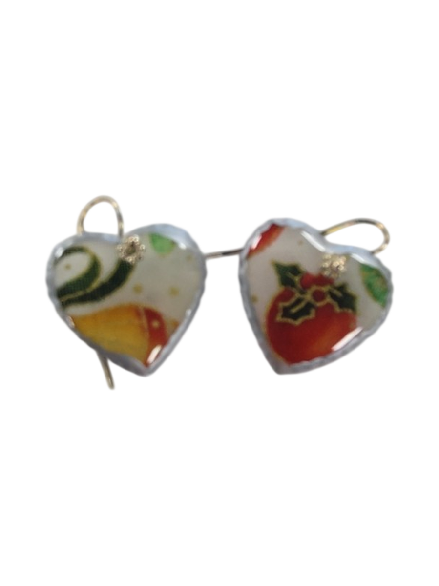 Handmade Christmas Heart Earrings – Fabric &amp; Resin