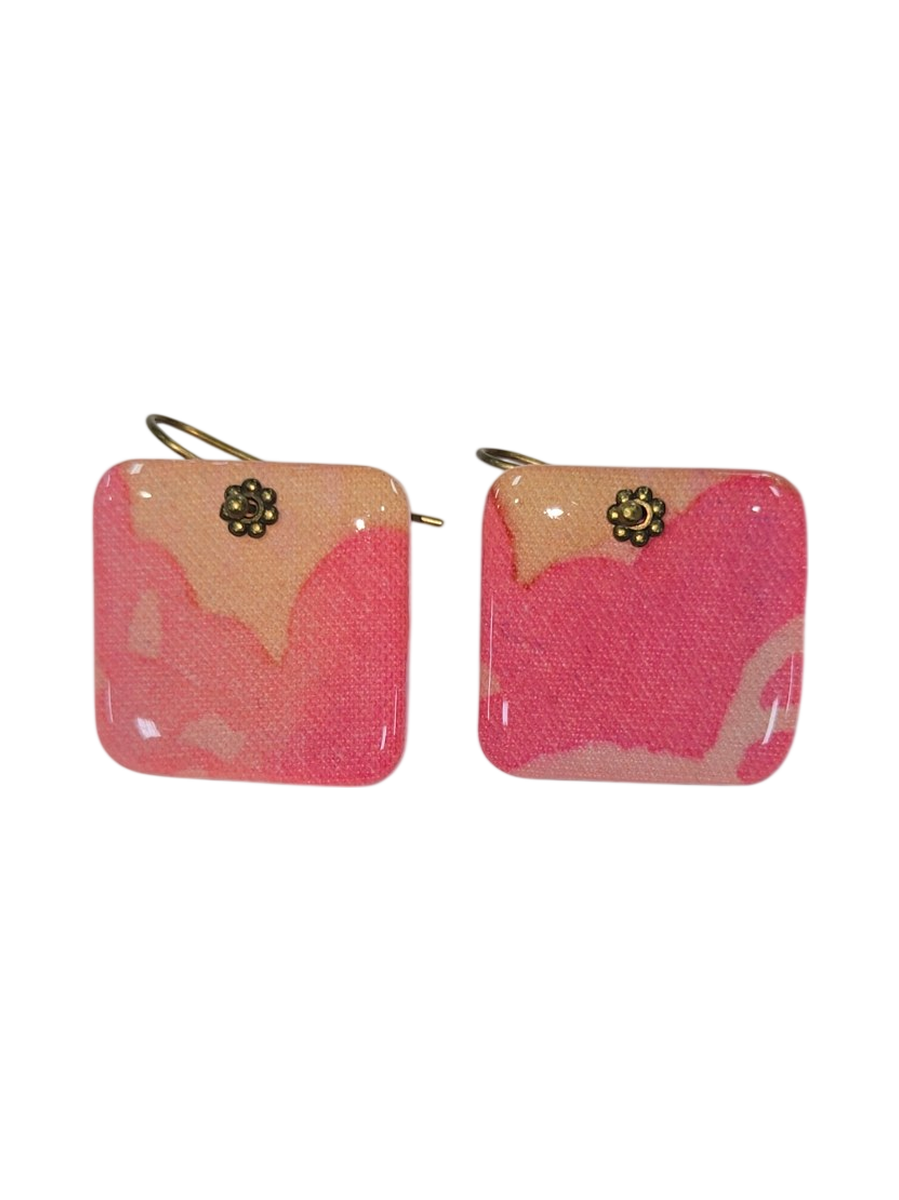 Handmade Pink Marbled Square Resin &amp; Fabric Earrings