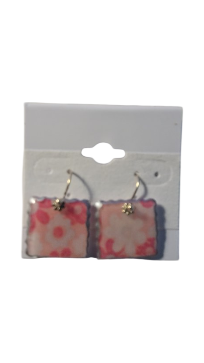 Pink Floral Square Drop Earrings