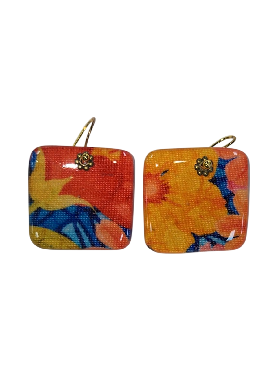 Handmade Floral Fabric &amp; Resin Square Drop Earrings