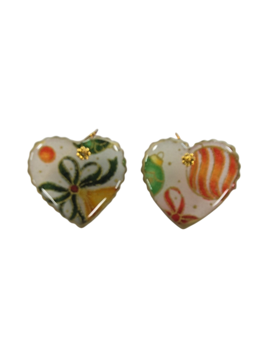 Heart-Shaped Christmas Ornament Earrings – Fabric &amp; Resin
