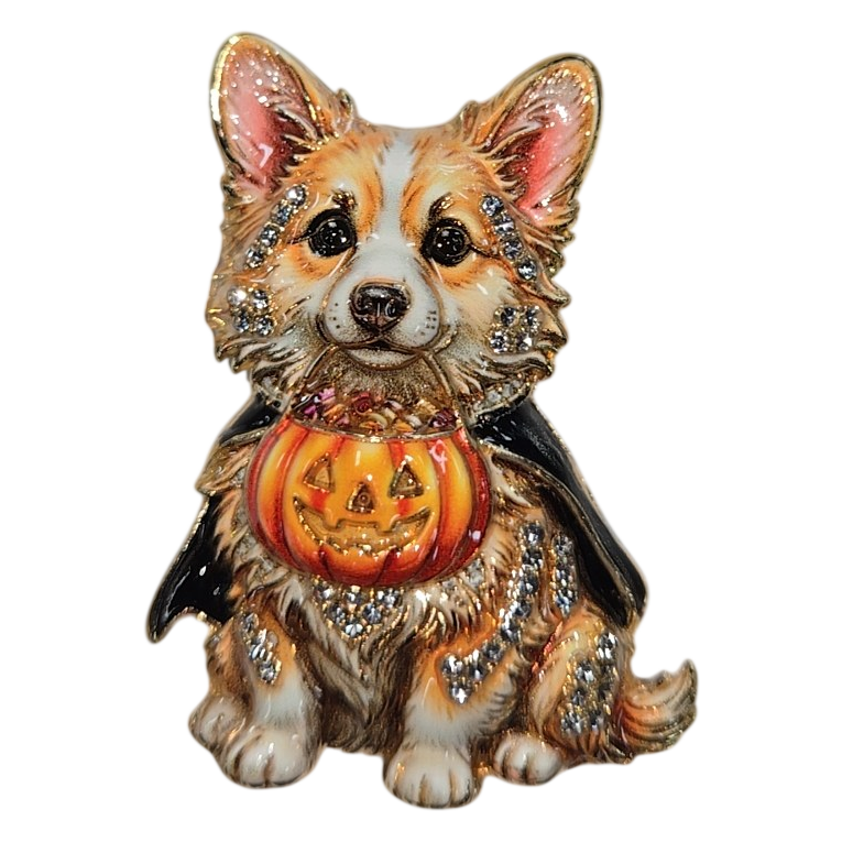 Halloween Corgi Brooch with Jack-O-Lantern &amp; Crystal Accents