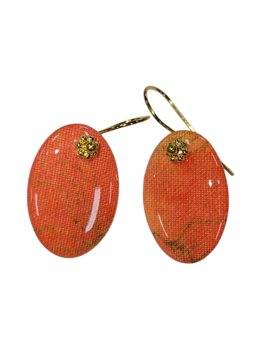 Coral &amp; Gold Oval Fabric Resin Drop Earrings