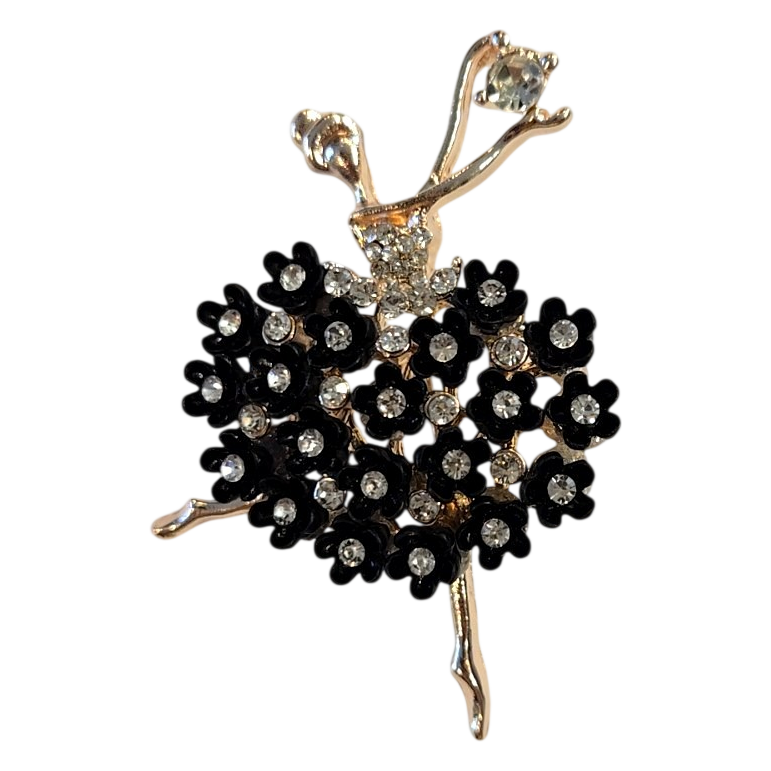 Black Floral Ballerina Rhinestone Brooch Pin