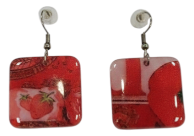 Handmade Strawberry Square Resin &amp; Fabric Drop Earrings