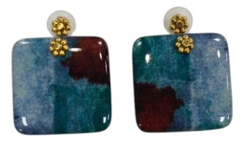 Handmade Fabric &amp; Resin Square Drop Earrings – Teal Multicolor