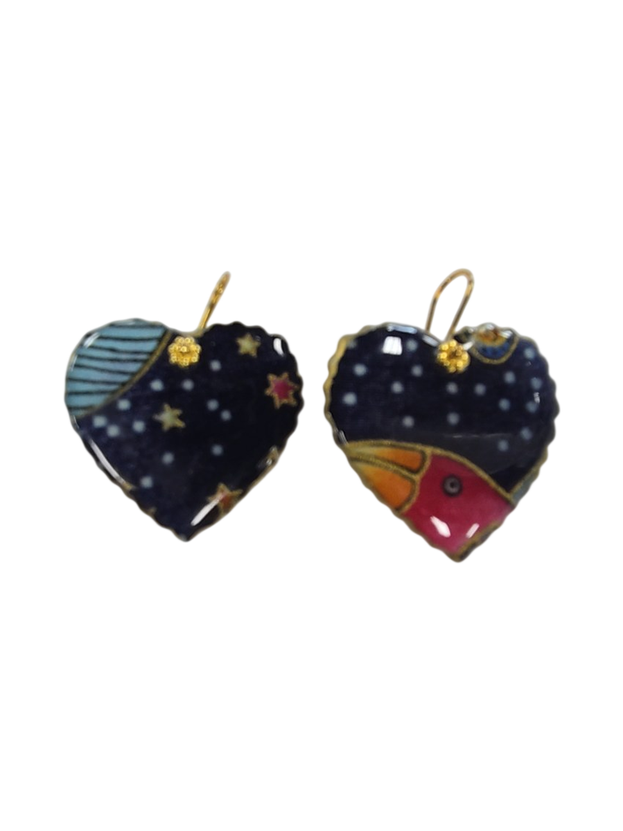 Heart-Shaped Cloisonné-Style Fabric &amp; Resin Earrings by Julie Treiman