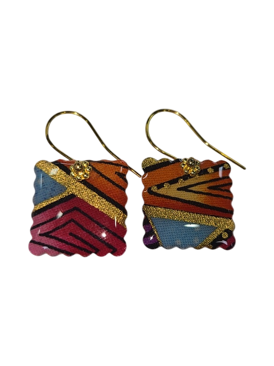 Colorful Abstract Fabric &amp; Resin Square Drop Earrings