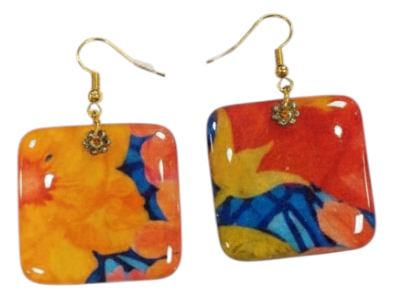 Handmade Floral Fabric &amp; Resin Square Drop Earrings