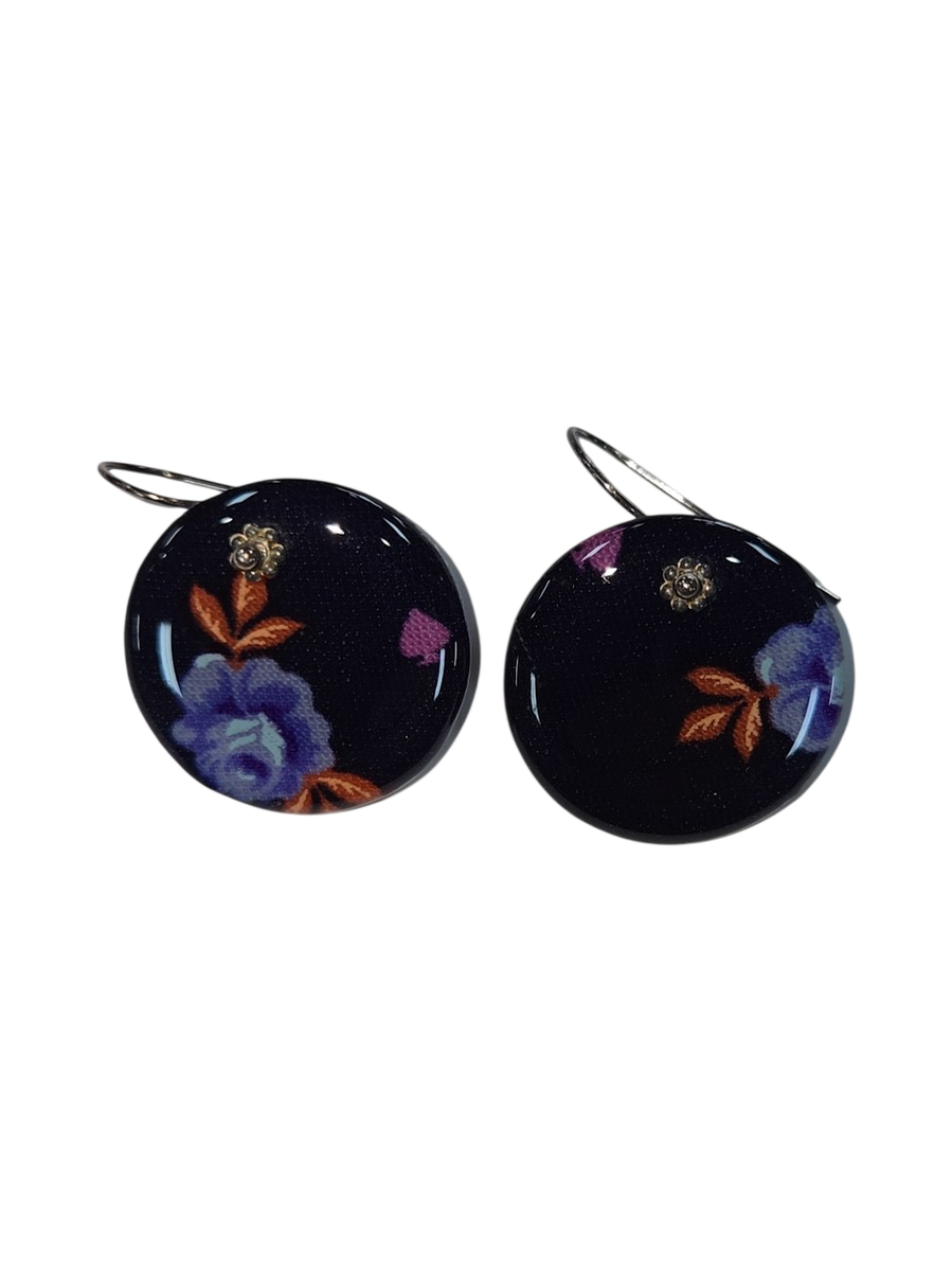 Floral Fabric &amp; Resin Round Drop Earrings – Dark Navy