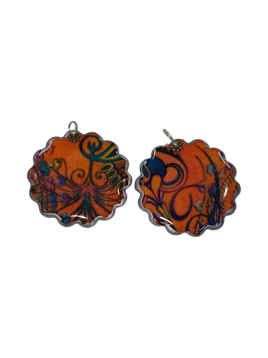 Handmade Fabric &amp; Resin Floral Earrings – Orange Boho