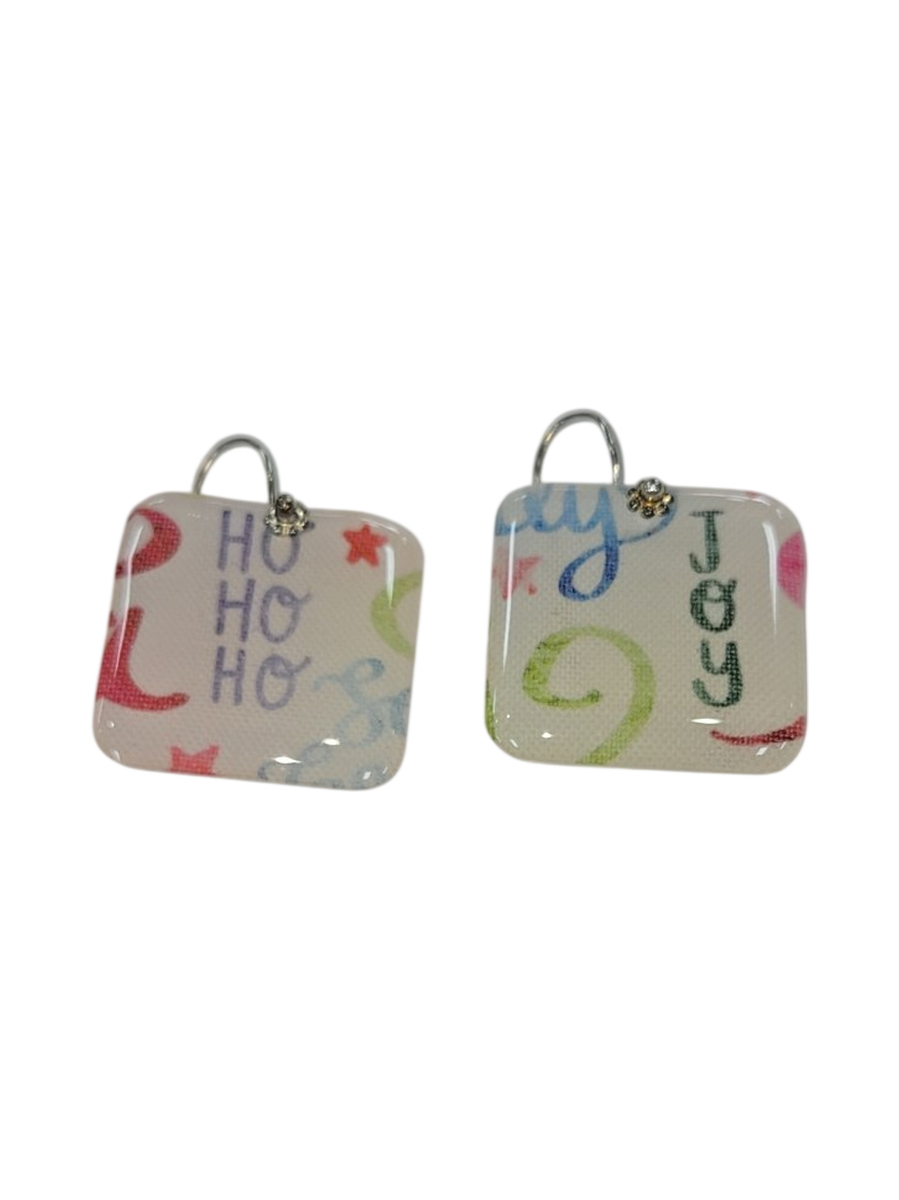 Ho Ho Ho &amp; Joy Christmas Fabric Resin Earrings