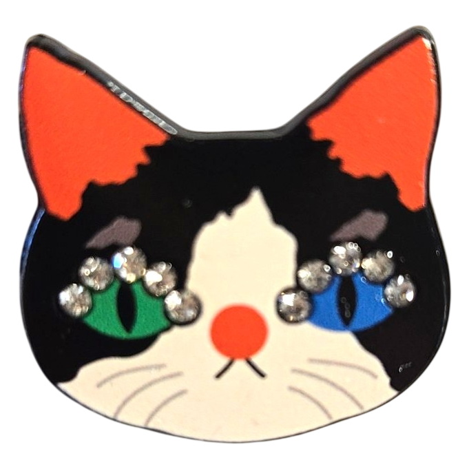 Rhinestone Cat Face Brooch Pin – Odd-Eyed Tuxedo Cat