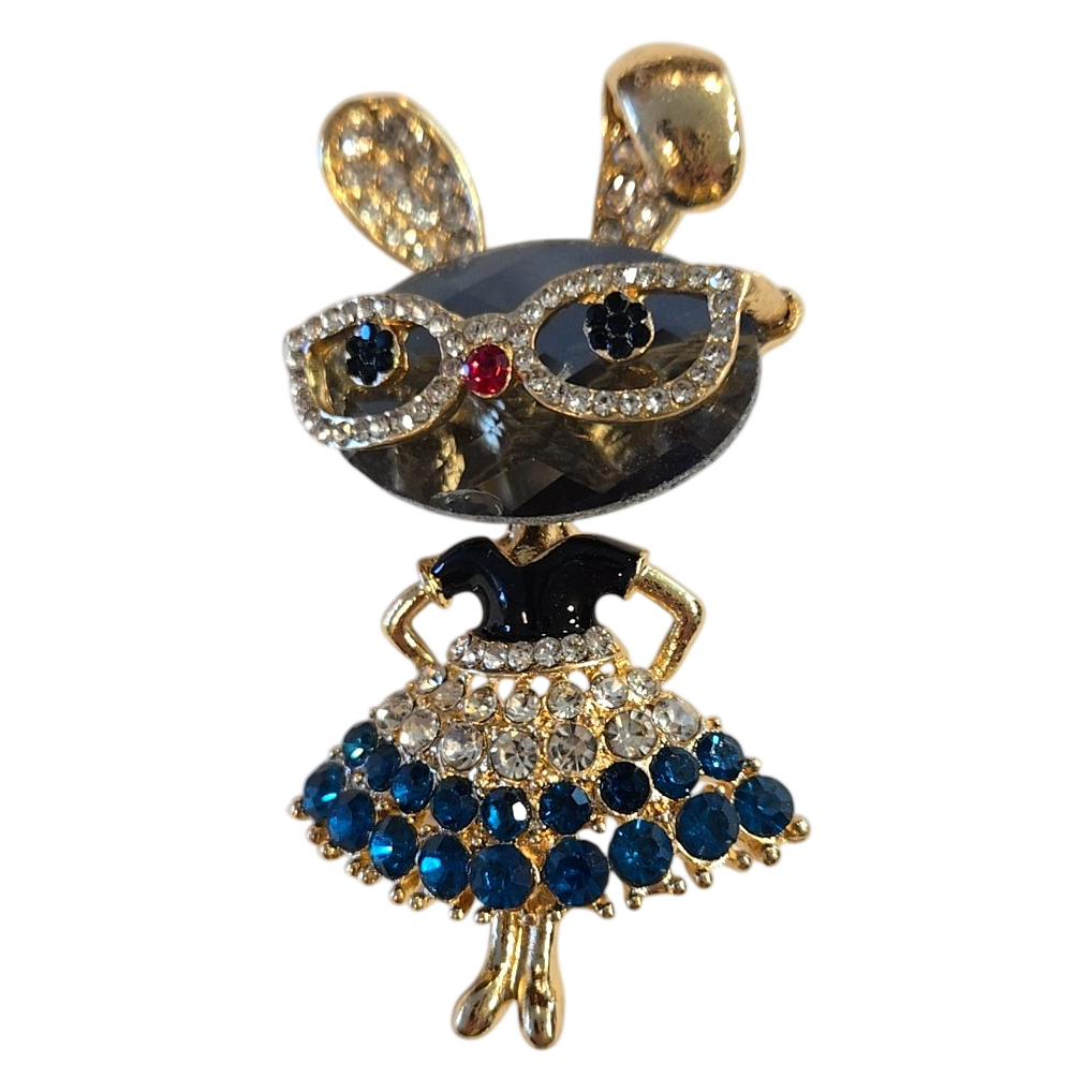Crystal Rhinestone Bunny Girl Brooch Pin – Blue &amp; Gold