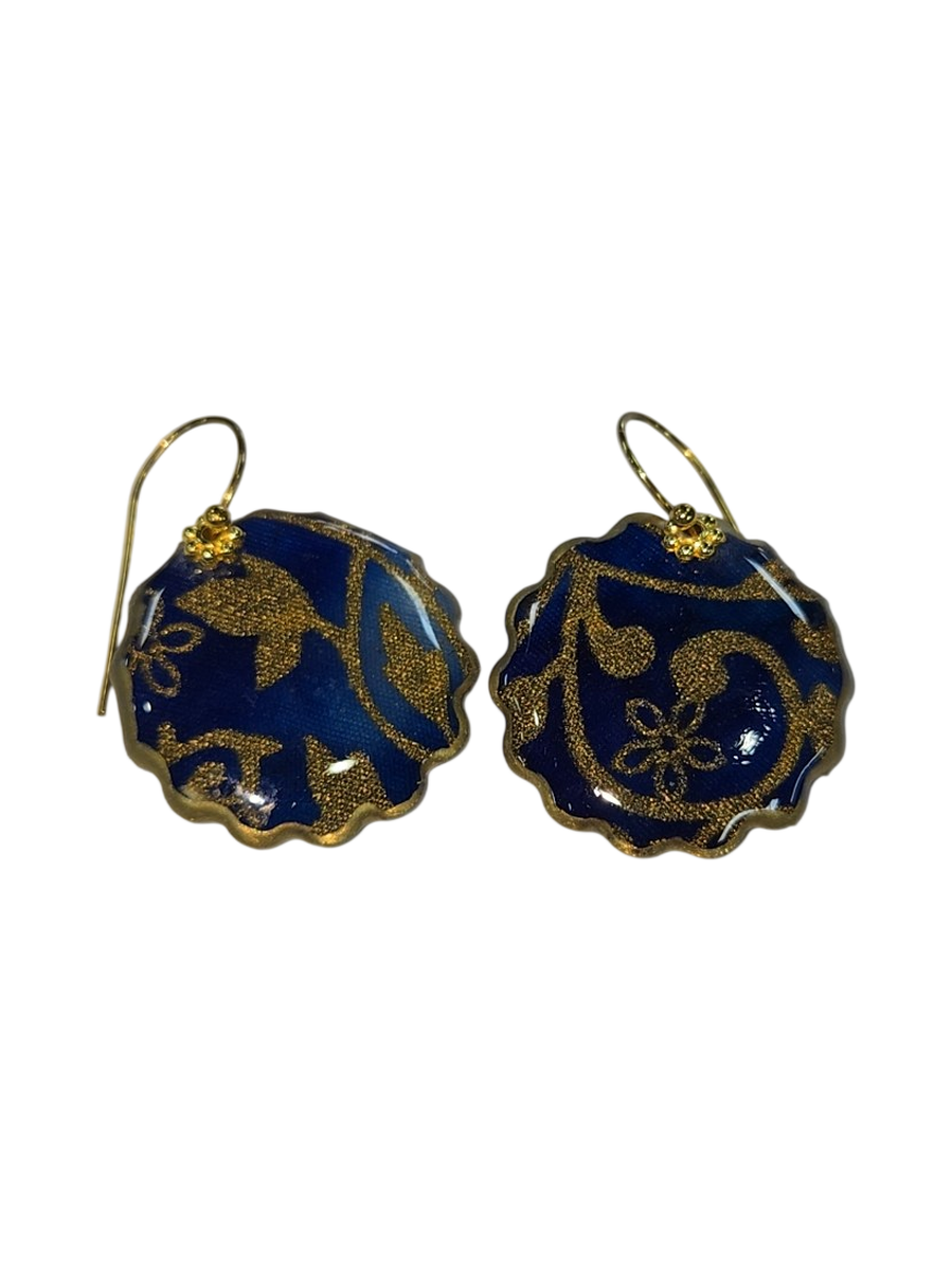 Handmade Blue &amp; Gold Floral Fabric Resin Drop Earrings