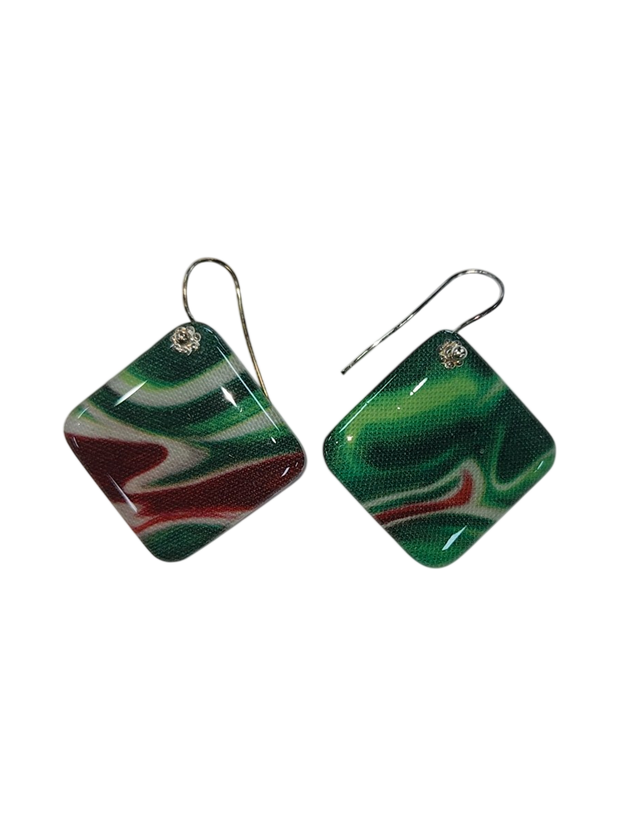 Handmade Green Marbled Resin &amp; Fabric Square Drop Earrings