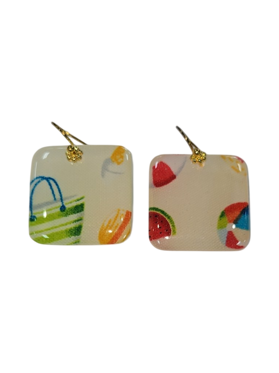 Handmade Resin &amp; Fabric Beach Theme Square Drop Earrings