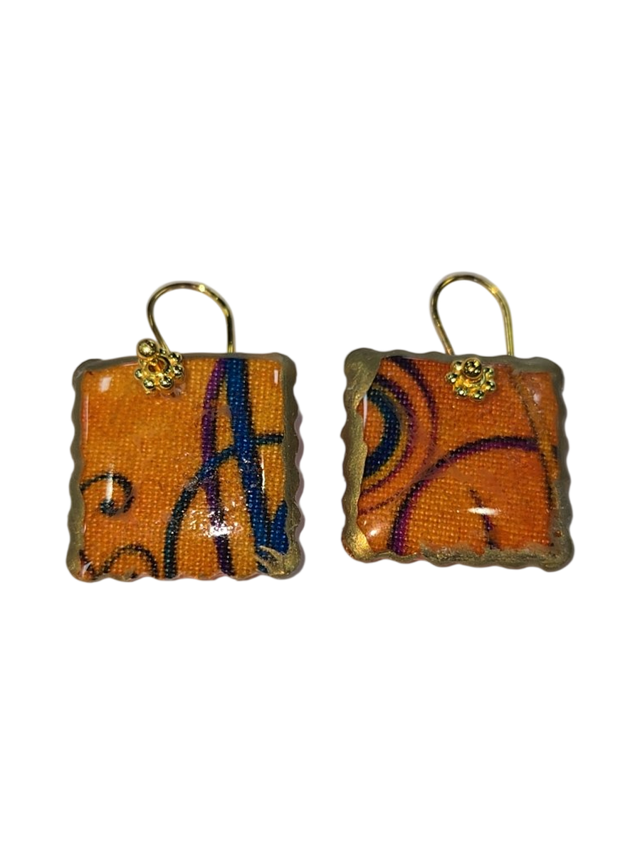 Handmade Fabric &amp; Resin Square Drop Earrings – Orange Swirl
