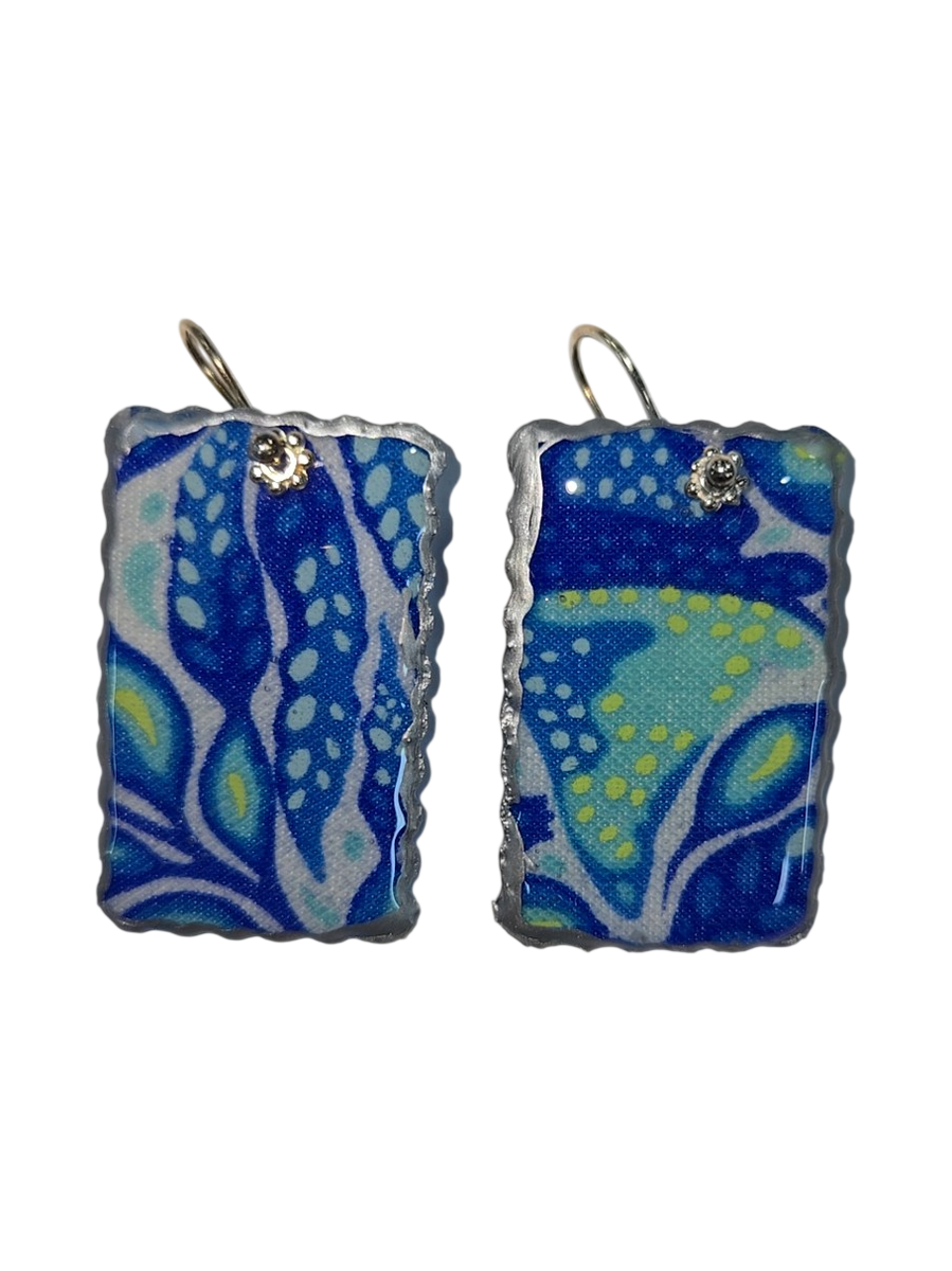 Handmade Blue Floral Fabric &amp; Resin Rectangle Earrings