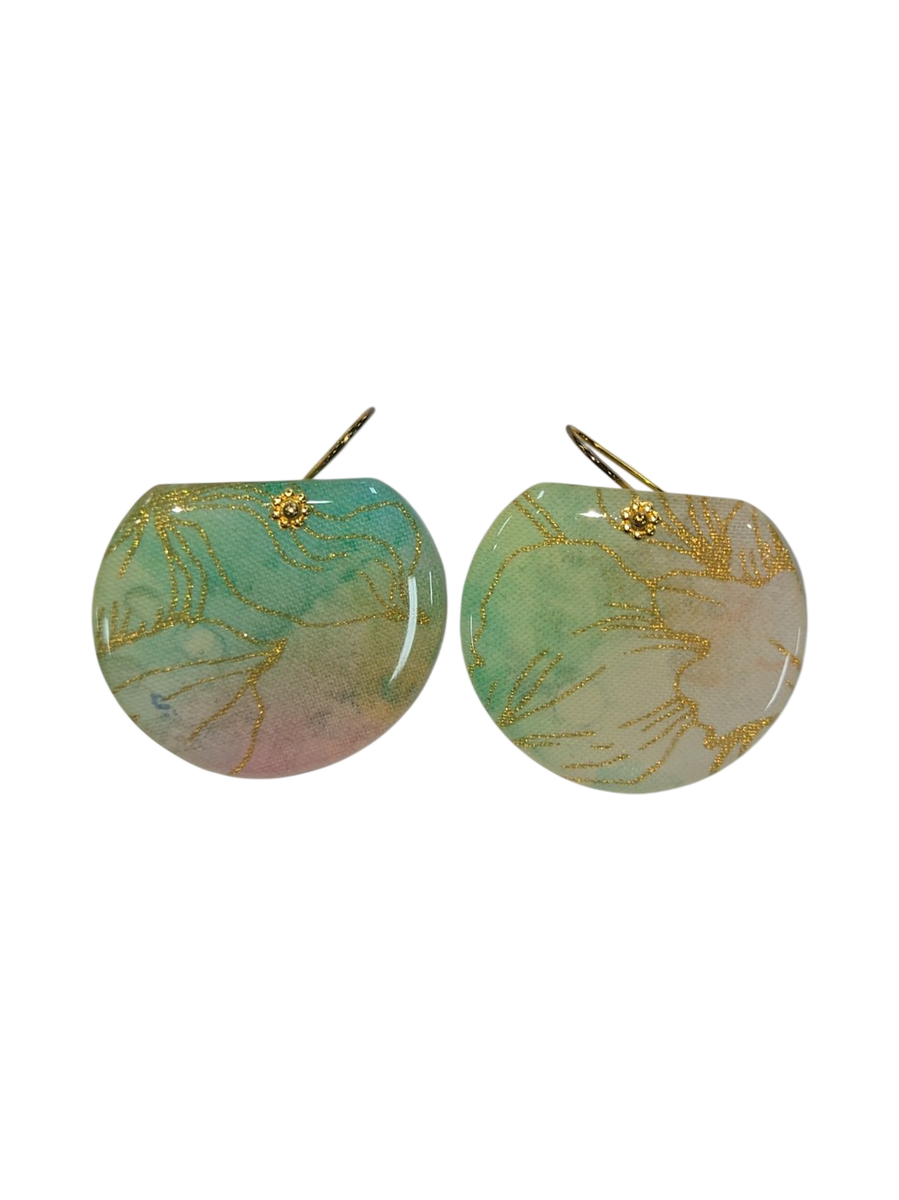 Handmade Resin &amp; Fabric Drop Earrings – Pastel Green &amp; Gold