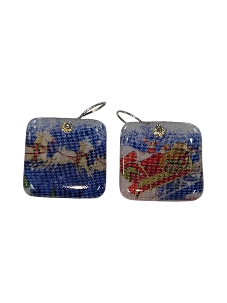 Santa's Sleigh Christmas Dangle Earrings – Fabric &amp; Resin