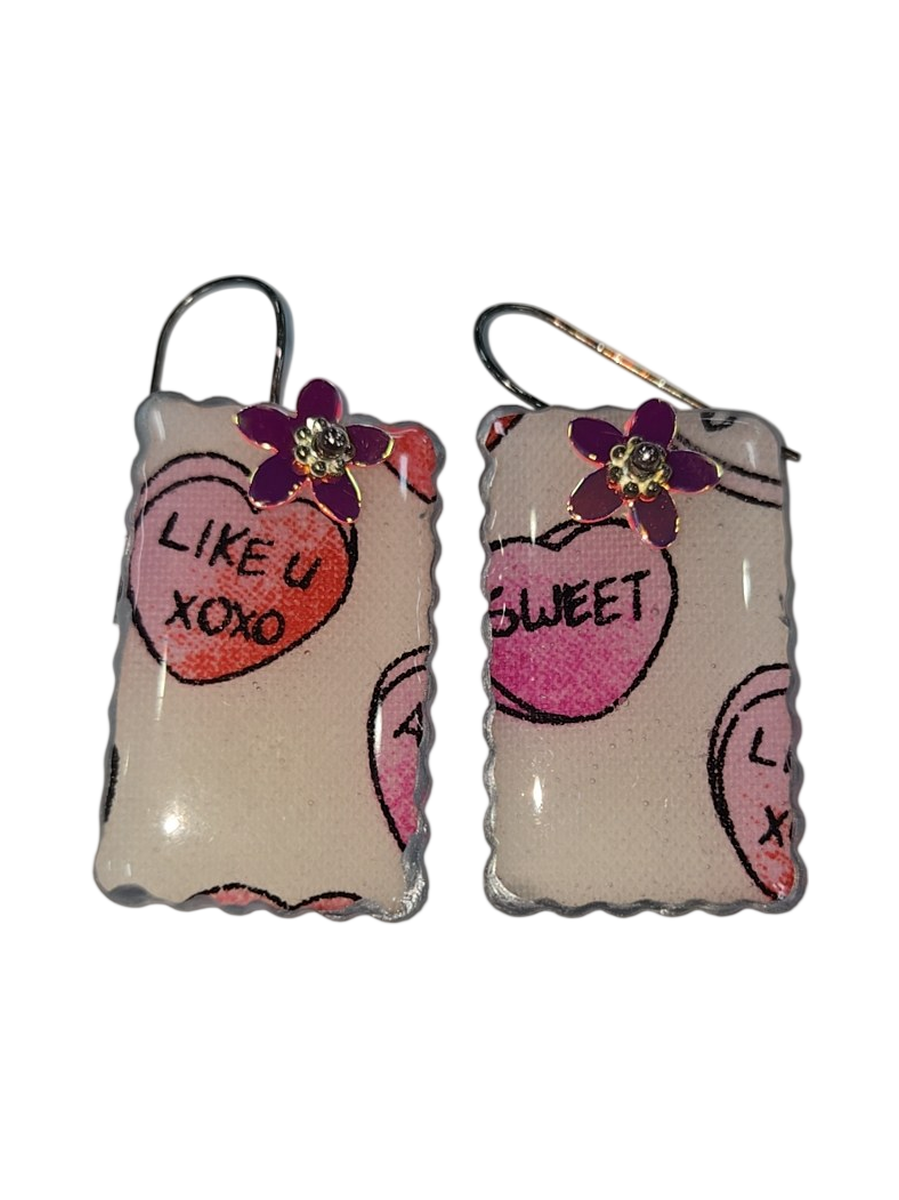 Conversation Heart Candy Valentine Fabric &amp; Resin Earrings