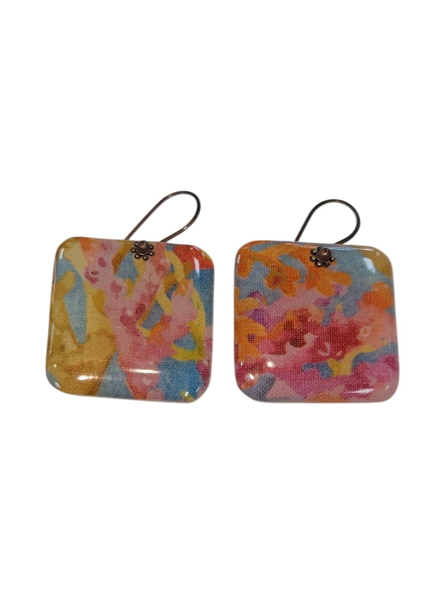 Handmade Fabric &amp; Resin Square Drop Earrings – Floral Abstract