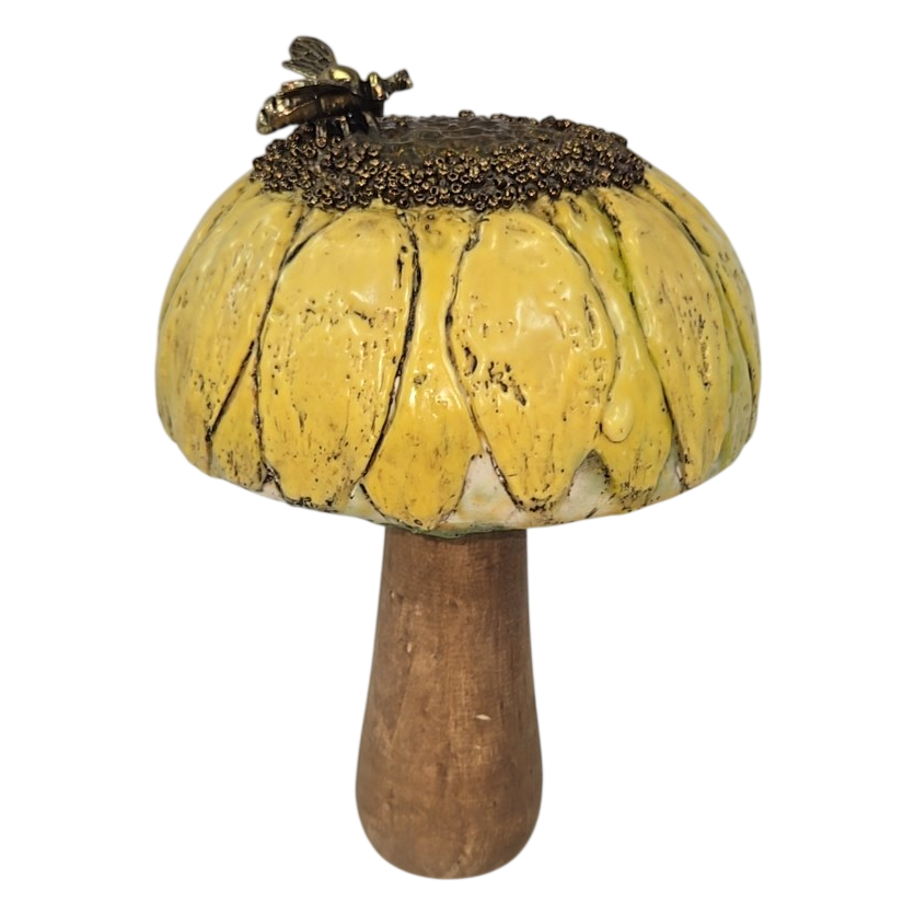 Encaustic Sunflower Mushroom Sculpture with Bee by Trish McFerran
