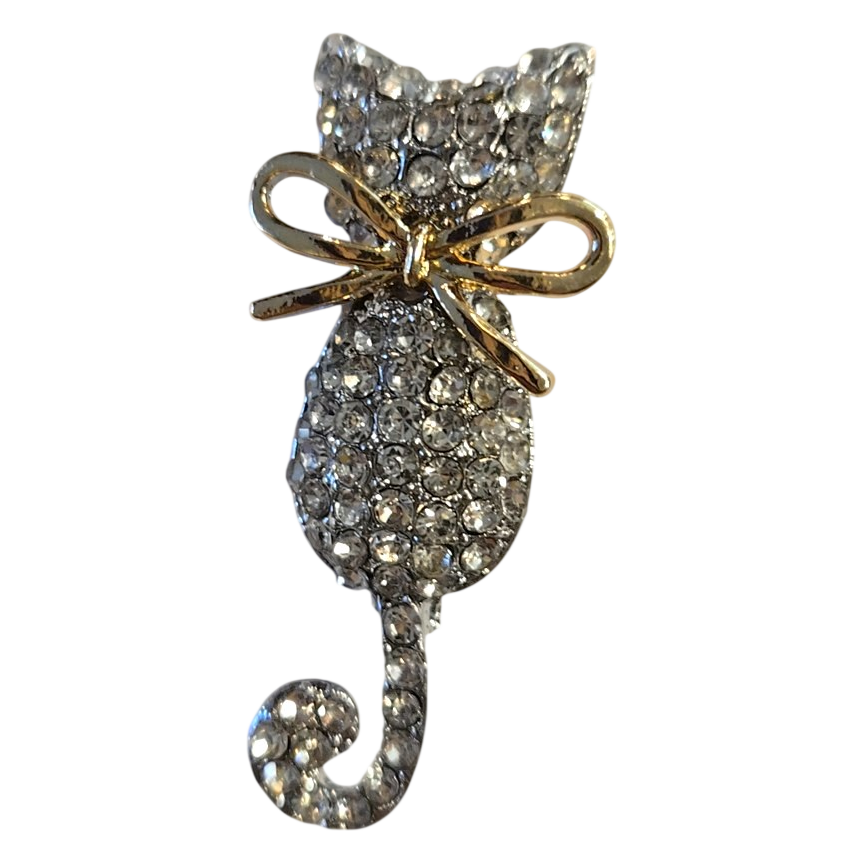 Crystal Rhinestone Cat Brooch with Gold Bow